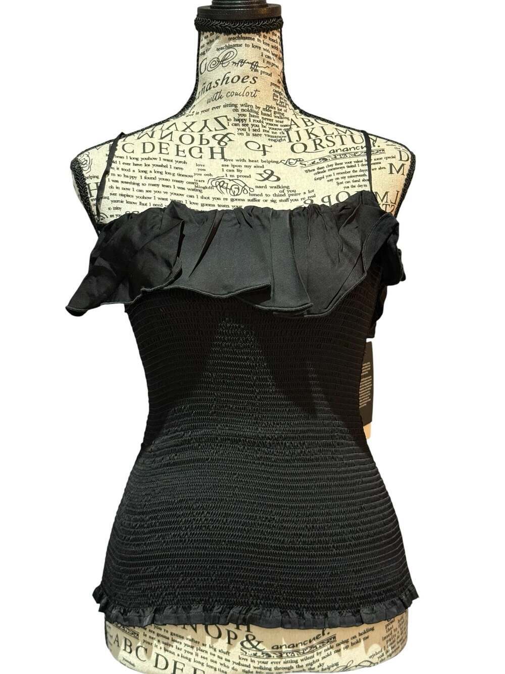 Chaser Black Smocked Ruffle Cami Tank Medium NWT Satin Trim Adjustable Straps
